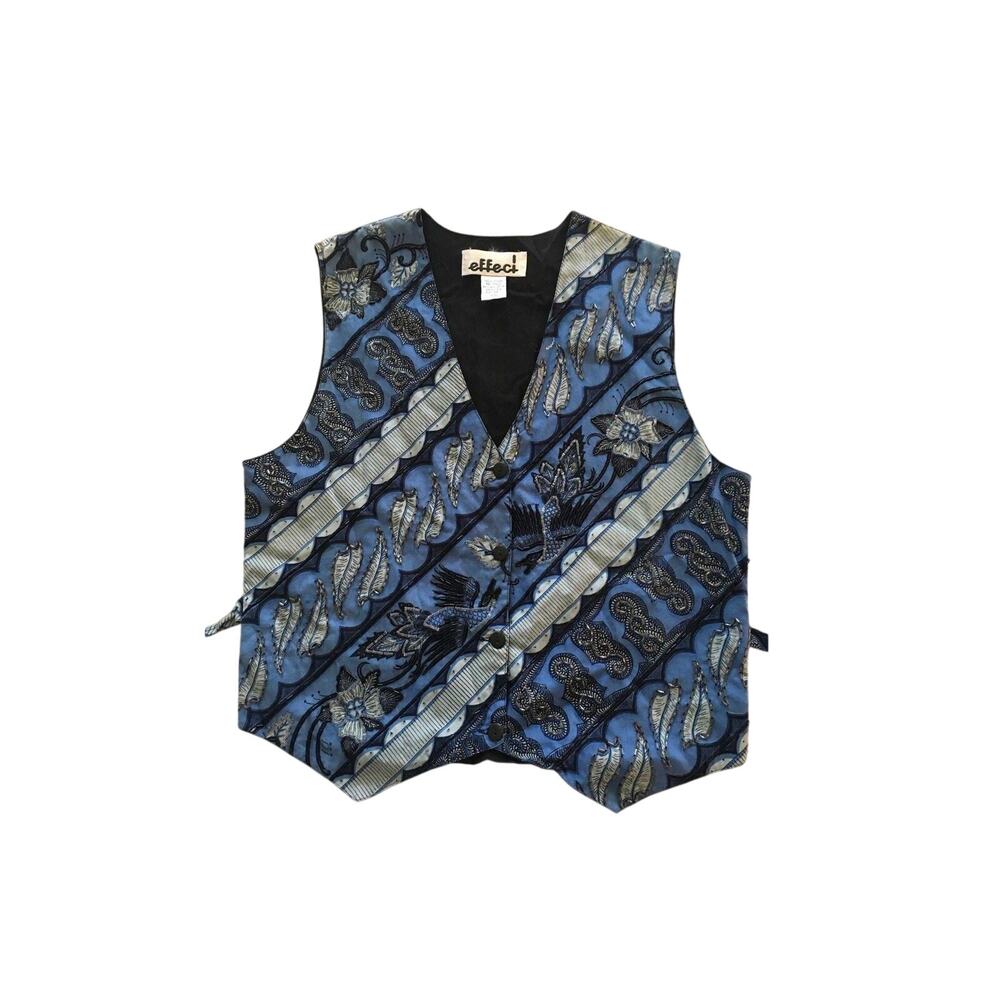 Vintage Beaded Blue Cotton Vest Effecti Brand Size M Button Front Tie Back